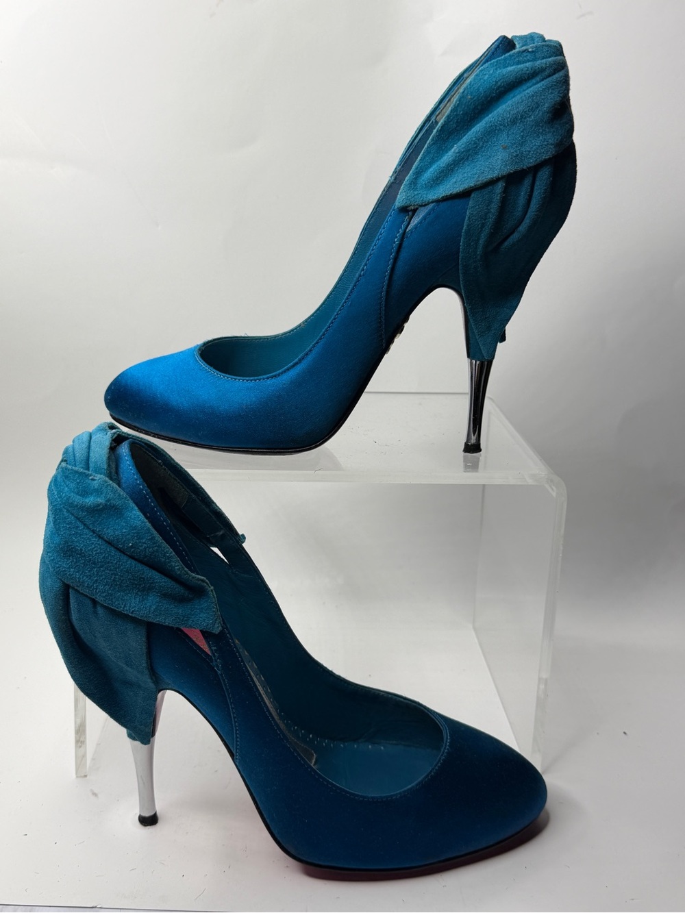 Betsey Johnson Teal Satin and Suede Draped Stiletto Pumps